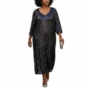Black Pull-Over Midi Embellished Sequin Knit Long Sleeve Dress Women Size Large